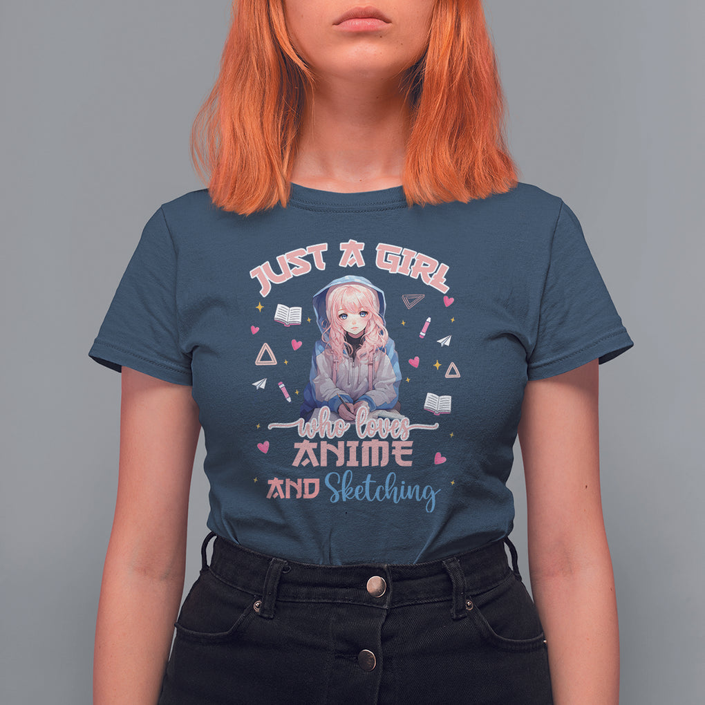 Just A Girl Who Loves Anime And Sketching T Shirt For Women Cute Kawaii Manga Japan TS09 Navy Printyourwear