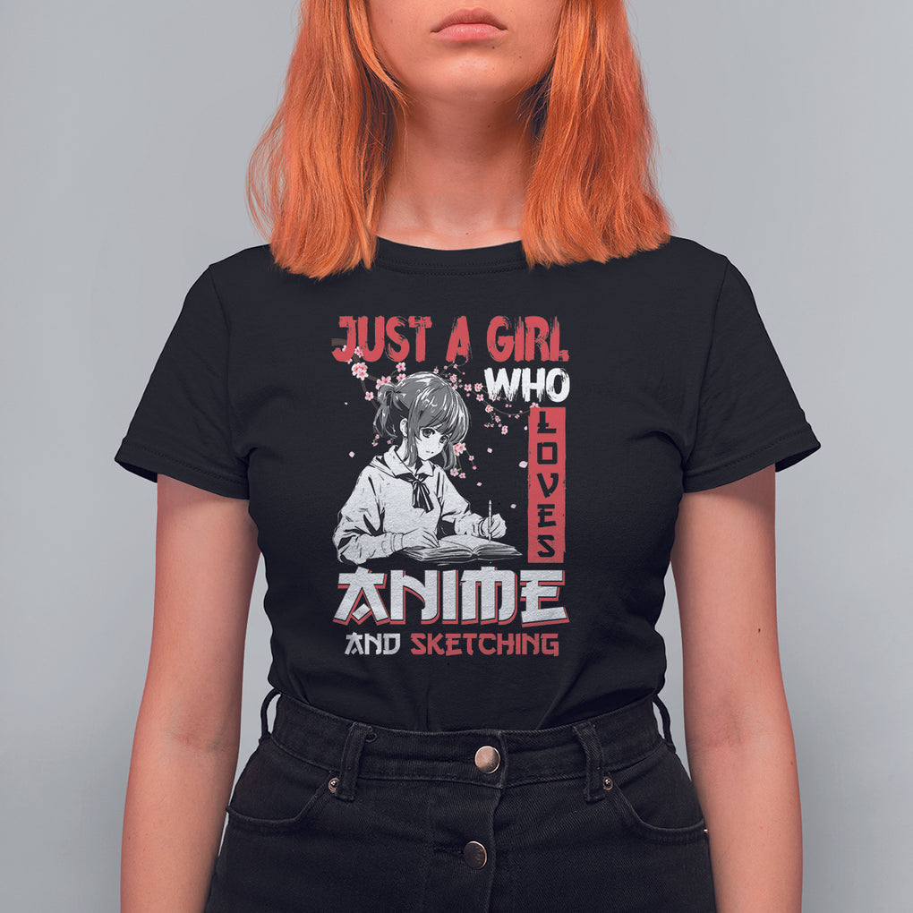 Just A Girl Who Loves Anime And Sketching T Shirt For Women Japan Sakura Cherry Blossoms TS09 Black Printyourwear