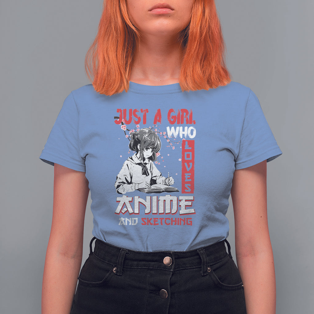 Just A Girl Who Loves Anime And Sketching T Shirt For Women Japan Sakura Cherry Blossoms TS09 Carolina Blue Printyourwear