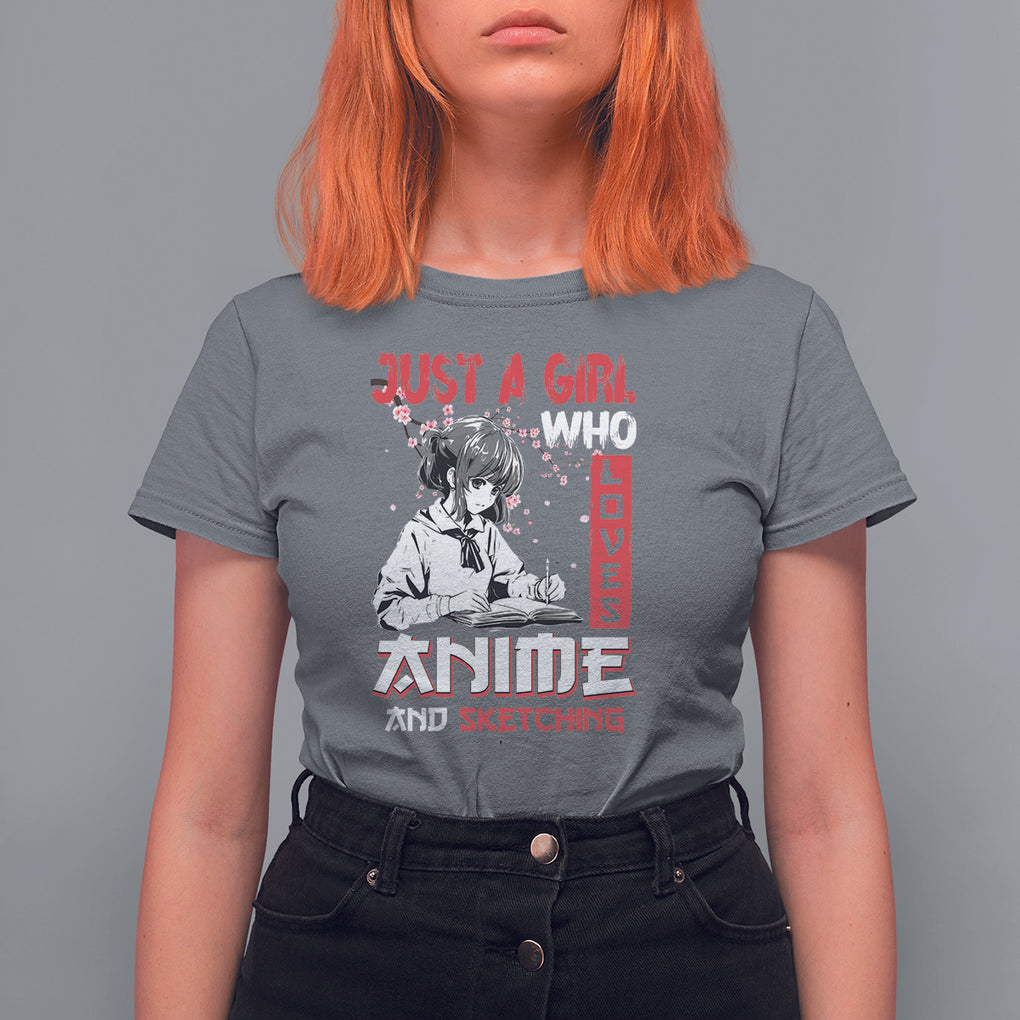 Just A Girl Who Loves Anime And Sketching T Shirt For Women Japan Sakura Cherry Blossoms TS09 Charcoal Printyourwear