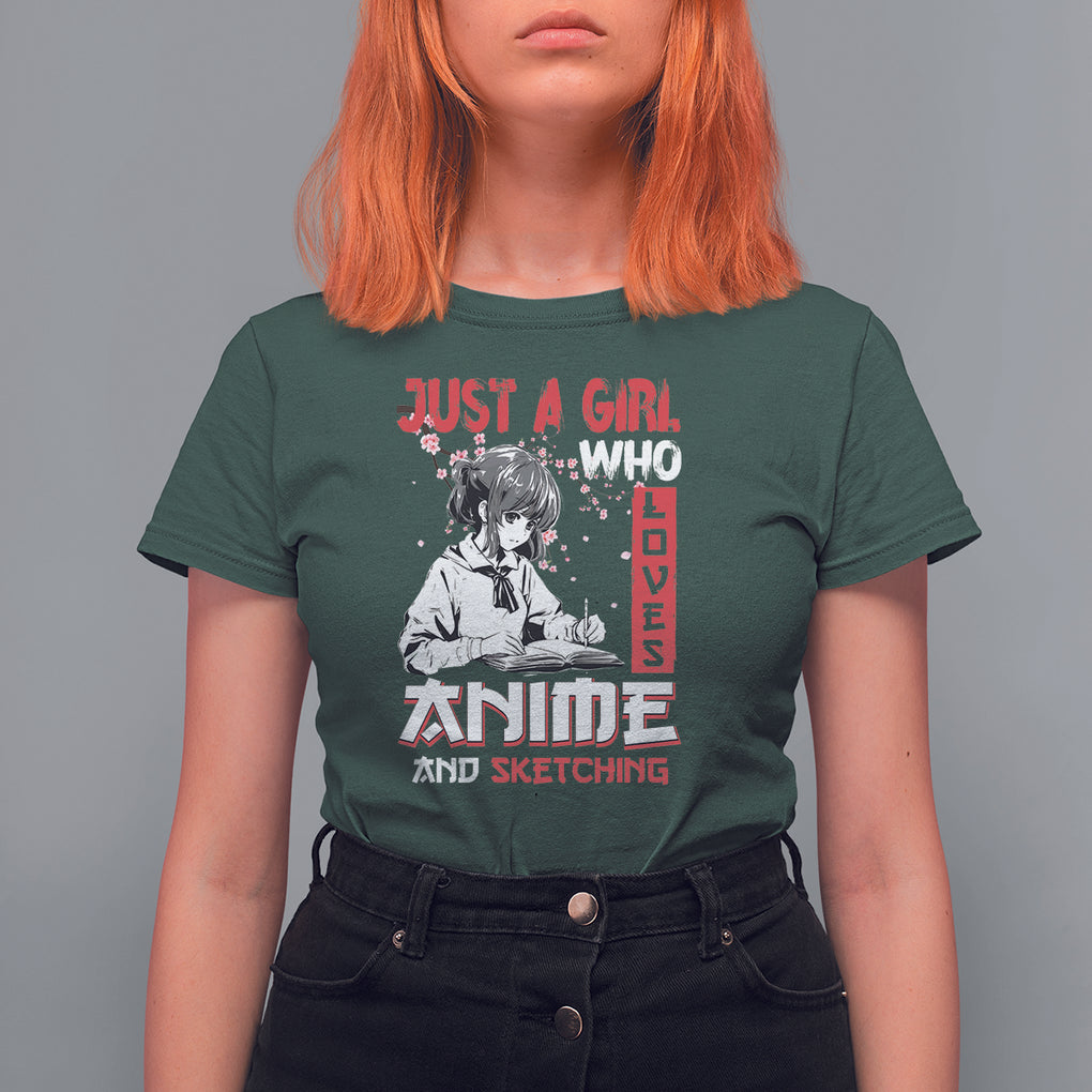 Just A Girl Who Loves Anime And Sketching T Shirt For Women Japan Sakura Cherry Blossoms TS09 Dark Forest Green Printyourwear
