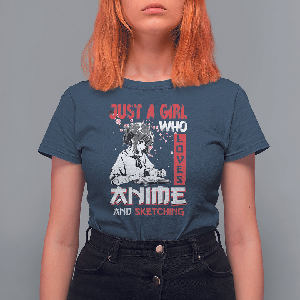 Just A Girl Who Loves Anime And Sketching T Shirt For Women Japan Sakura Cherry Blossoms TS09 Navy Printyourwear