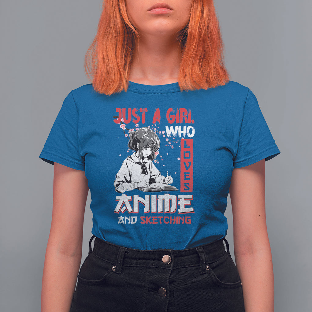Just A Girl Who Loves Anime And Sketching T Shirt For Women Japan Sakura Cherry Blossoms TS09 Royal Blue Printyourwear