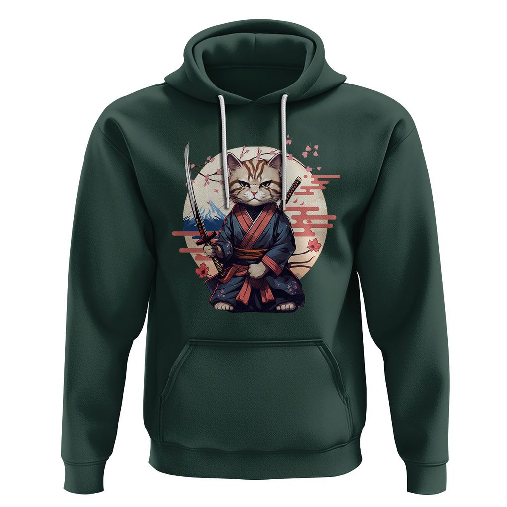 Samurai Cat Hoodie Japanese Aesthetic Vintage Cherry Bloosoms TS09 Dark Forest Green Printyourwear