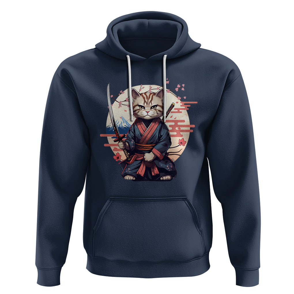 Samurai Cat Hoodie Japanese Aesthetic Vintage Cherry Bloosoms TS09 Navy Printyourwear
