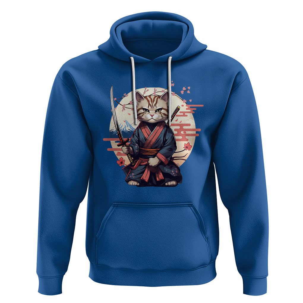 Samurai Cat Hoodie Japanese Aesthetic Vintage Cherry Bloosoms TS09 Royal Blue Printyourwear