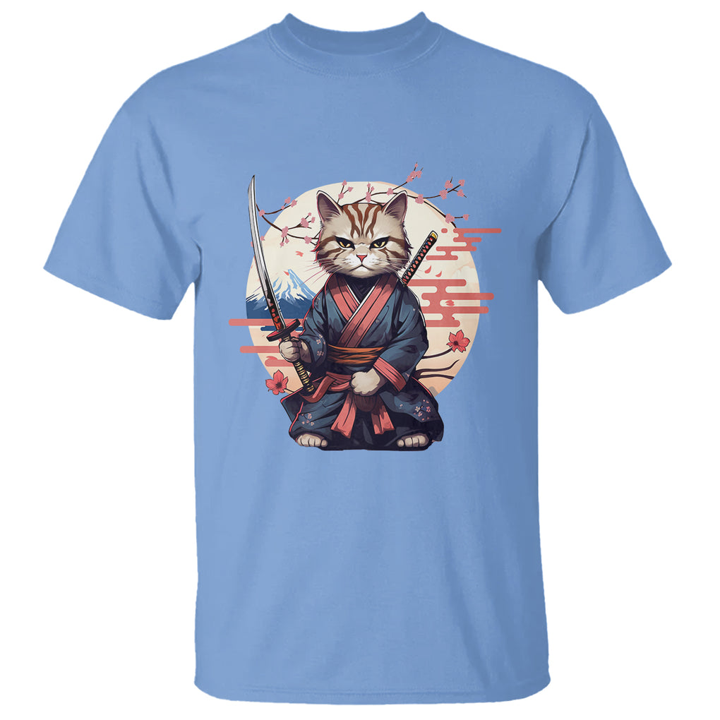 Samurai Cat T Shirt Japanese Aesthetic Vintage Cherry Bloosoms TS09 Carolina Blue Printyourwear