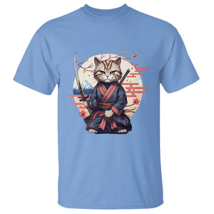 Samurai Cat T Shirt Japanese Aesthetic Vintage Cherry Bloosoms TS09 Carolina Blue Printyourwear