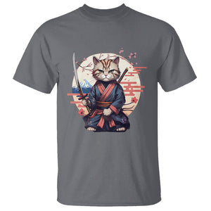Samurai Cat T Shirt Japanese Aesthetic Vintage Cherry Bloosoms TS09 Charcoal Printyourwear