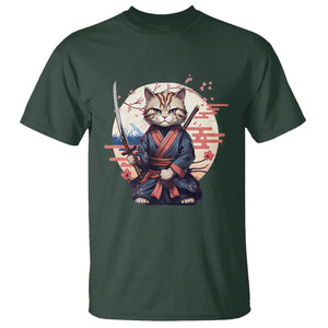 Samurai Cat T Shirt Japanese Aesthetic Vintage Cherry Bloosoms TS09 Dark Forest Green Printyourwear