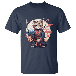 Samurai Cat T Shirt Japanese Aesthetic Vintage Cherry Bloosoms TS09 Navy Printyourwear