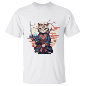 Samurai Cat T Shirt Japanese Aesthetic Vintage Cherry Bloosoms TS09 White Printyourwear