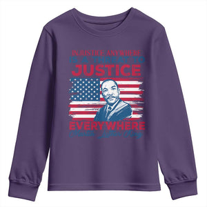 Martin Luther King Jr Day Youth Sweatshirt Injustice Anywhere Is A Threat To Justice Everywhere TS09 Purple Print Your Wear