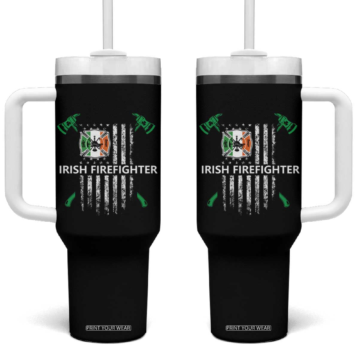 Irish Firefighter Fir Na Tine Man Of Fire Tumbler With Handle Irish American Flag TS09 One Size: 40 oz Black Print Your Wear