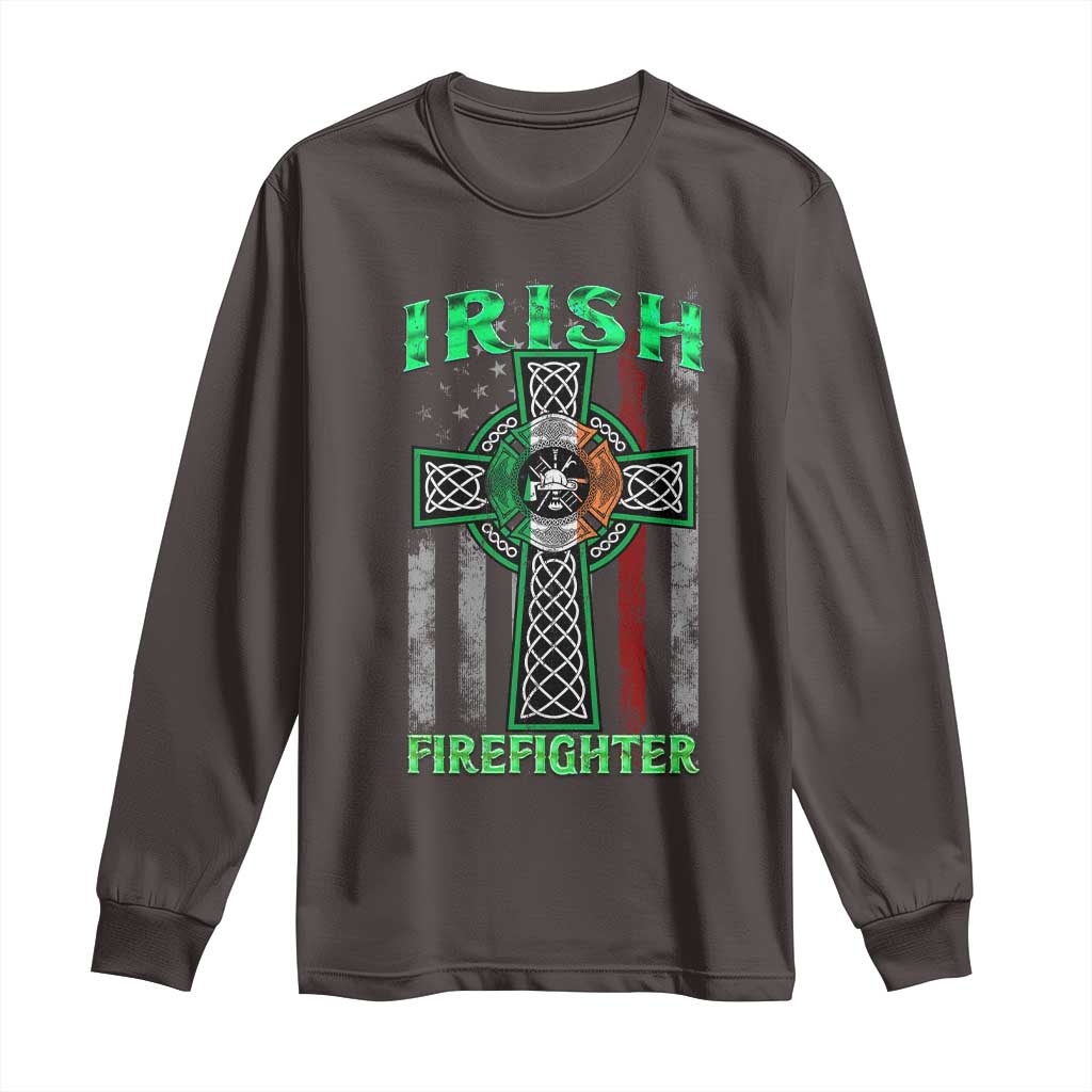 Irish Firefighter Long Sleeve Shirt Celtic Cross American Flag TS09 Dark Chocolate Print Your Wear