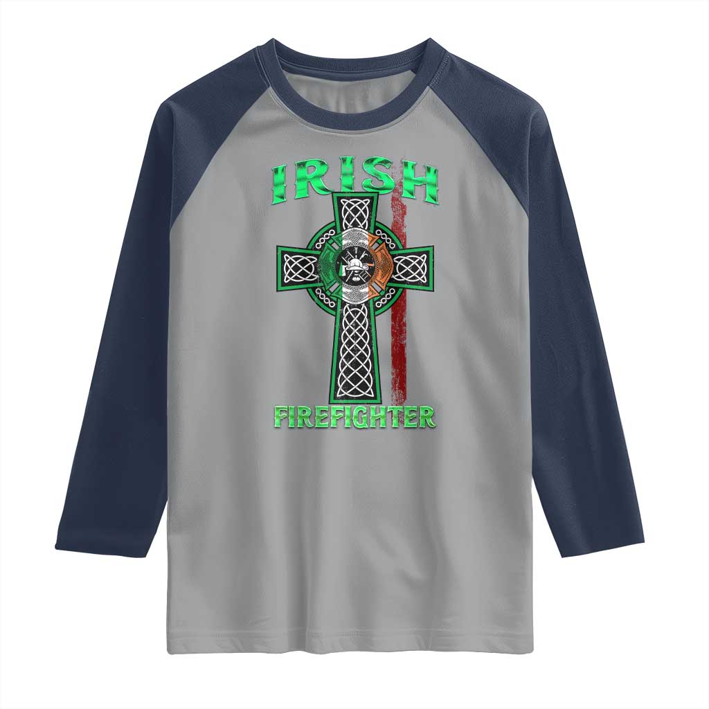 Irish Firefighter Raglan Shirt Celtic Cross American Flag TS09 Sport Gray Navy Print Your Wear