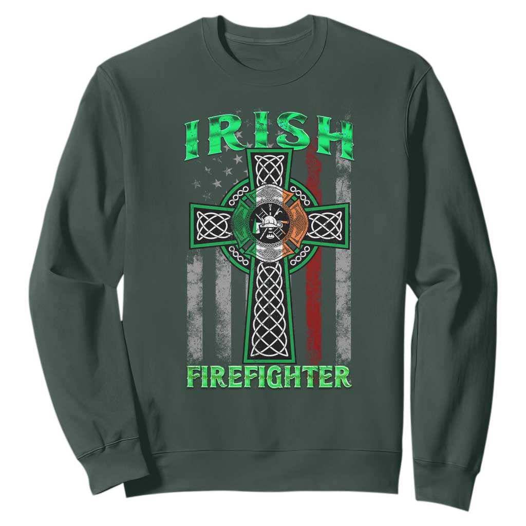 Irish Firefighter Sweatshirt Celtic Cross American Flag TS09 Dark Forest Green Print Your Wear