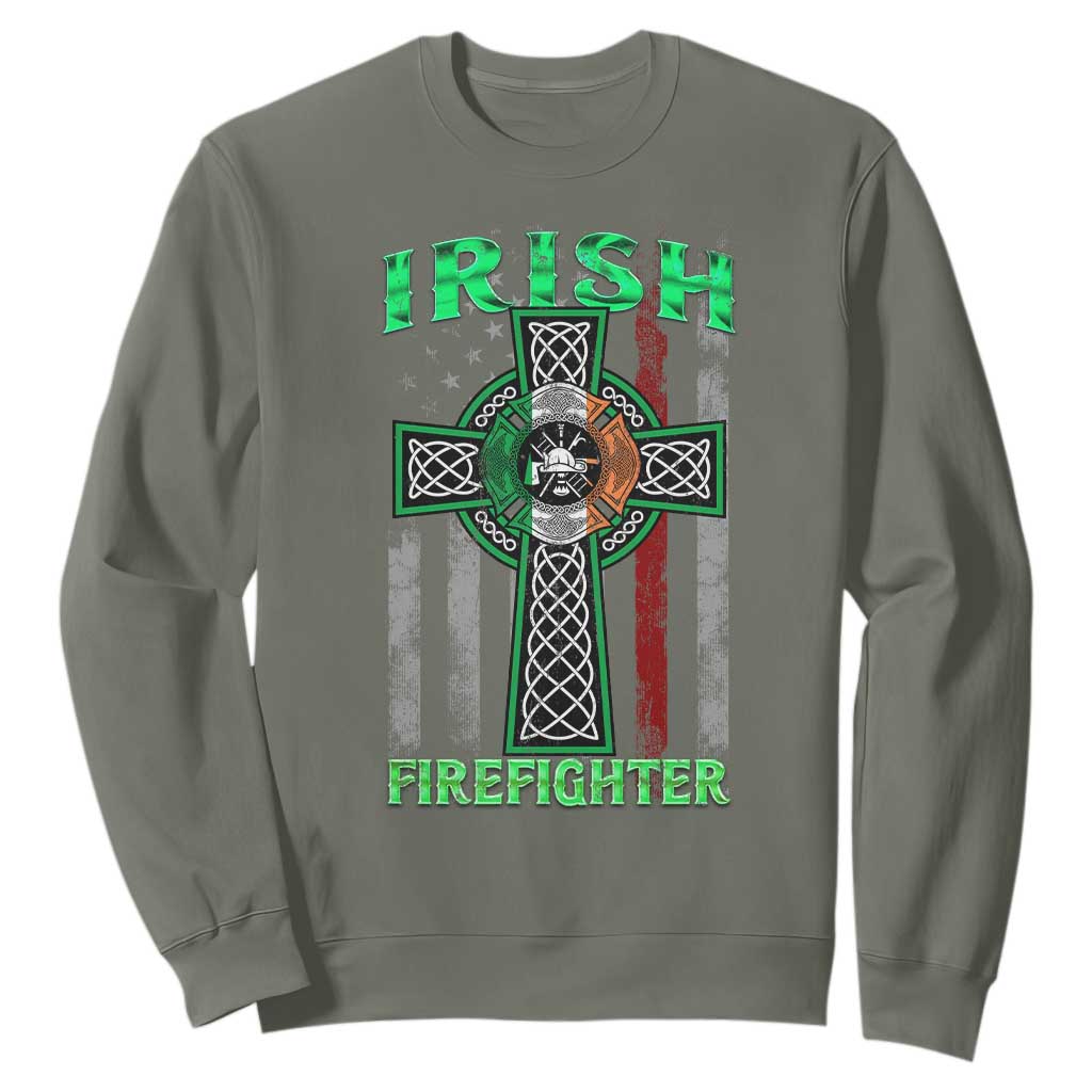 Irish Firefighter Sweatshirt Celtic Cross American Flag TS09 Military Green Print Your Wear