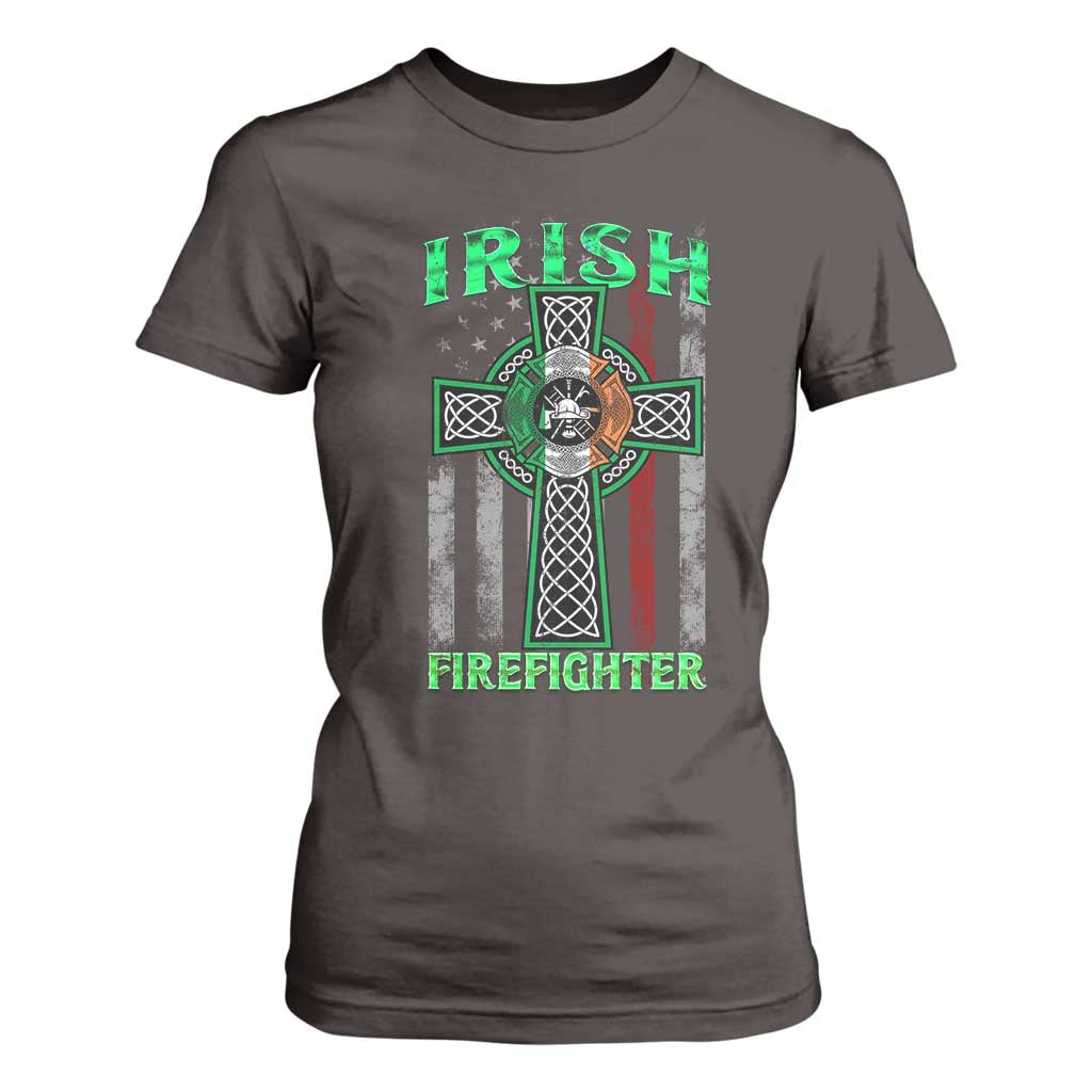 Irish Firefighter T Shirt For Women Celtic Cross American Flag TS09 Dark Chocolate Print Your Wear