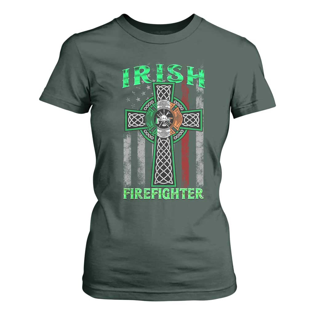 Irish Firefighter T Shirt For Women Celtic Cross American Flag TS09 Dark Forest Green Print Your Wear