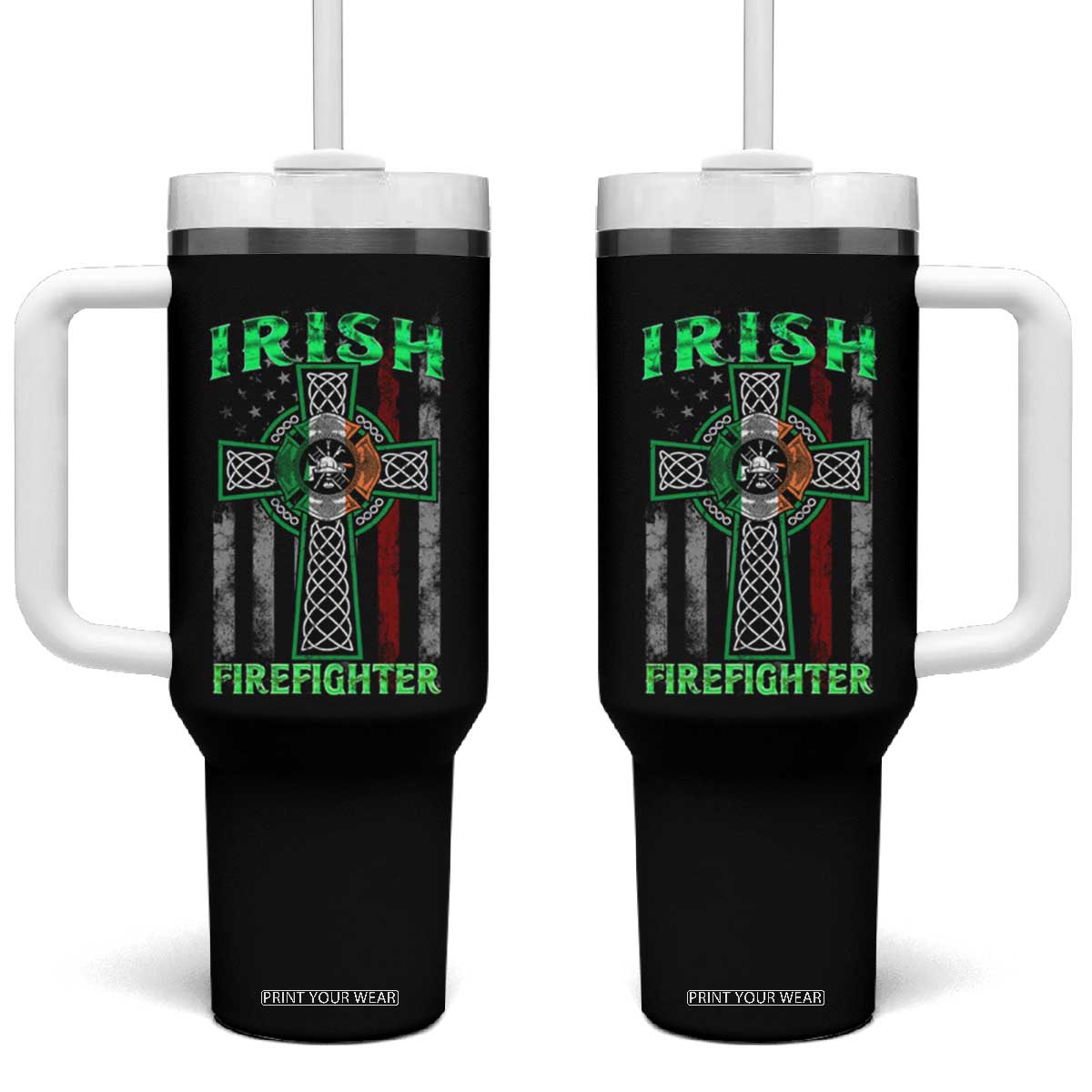 Irish Firefighter Tumbler With Handle Celtic Cross American Flag TS09 One Size: 40 oz Black Print Your Wear