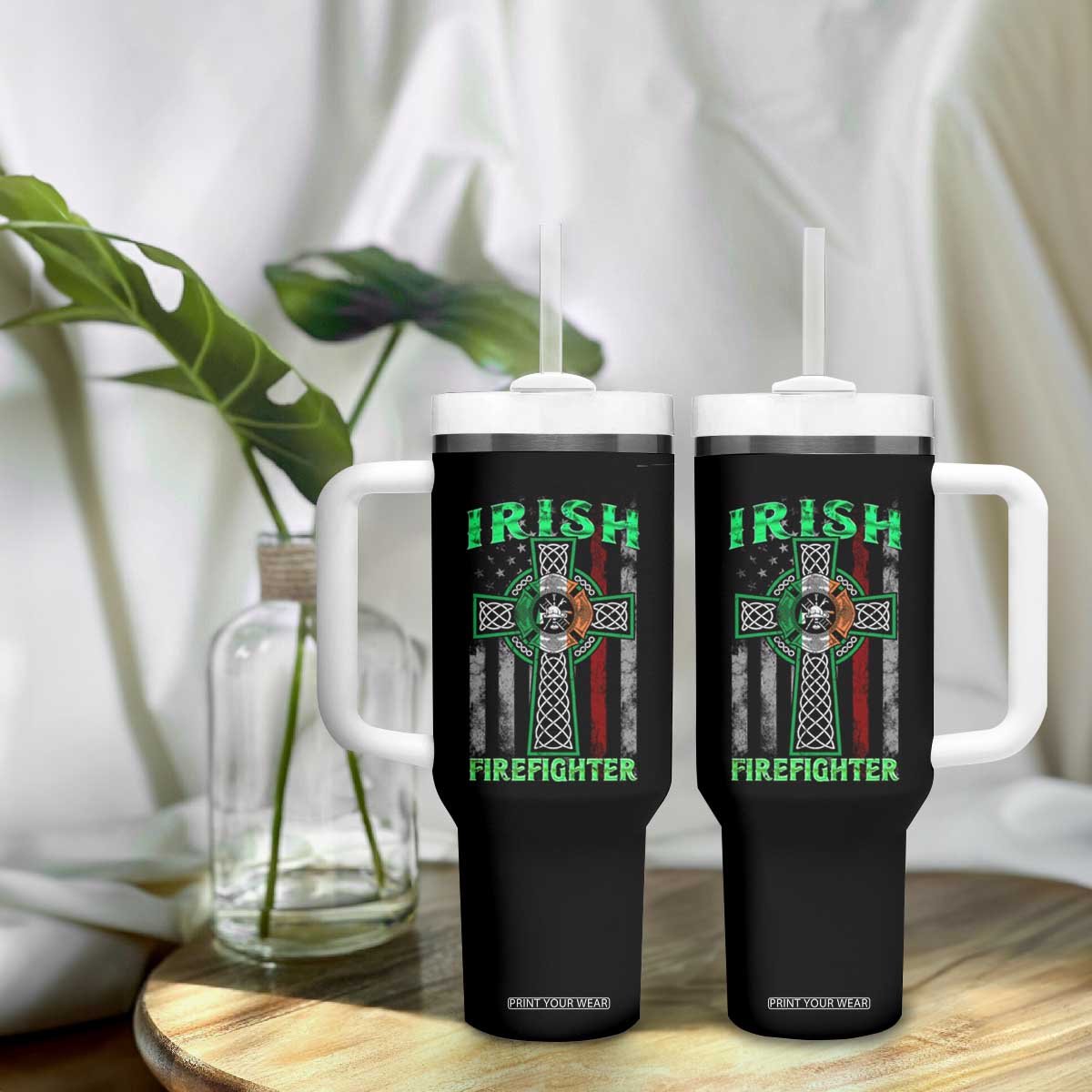 Irish Firefighter Tumbler With Handle Celtic Cross American Flag TS09 Print Your Wear