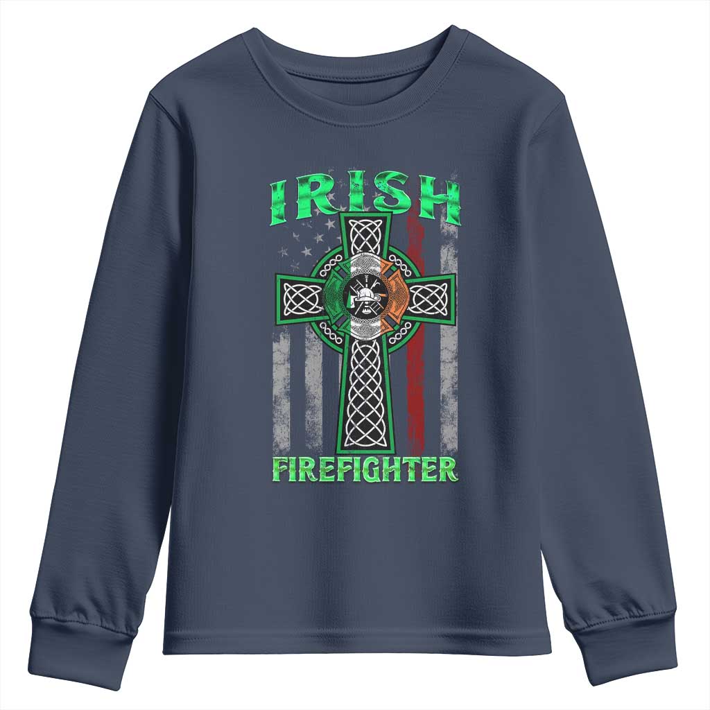 Irish Firefighter Youth Sweatshirt Celtic Cross American Flag TS09 Navy Print Your Wear