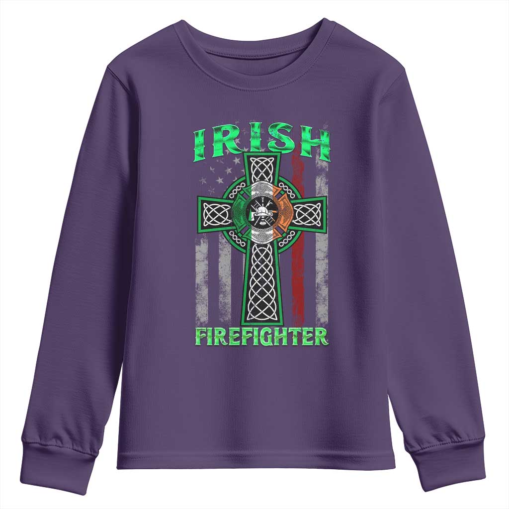 Irish Firefighter Youth Sweatshirt Celtic Cross American Flag TS09 Purple Print Your Wear