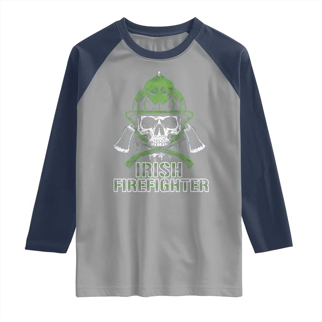 Irish Firefighter Raglan Shirt Shamrock Skull Man Of Fire TS09 Sport Gray Navy Print Your Wear