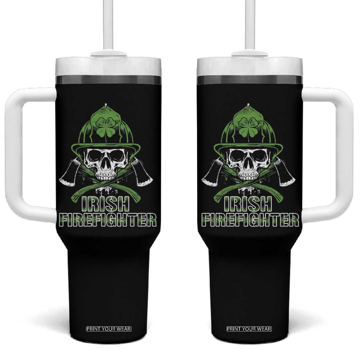 Irish Firefighter Tumbler With Handle Shamrock Skull Man Of Fire TS09 One Size: 40 oz Black Print Your Wear