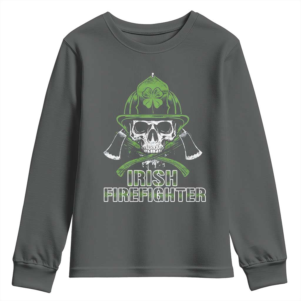 Irish Firefighter Youth Sweatshirt Shamrock Skull Man Of Fire TS09 Dark Heather Print Your Wear