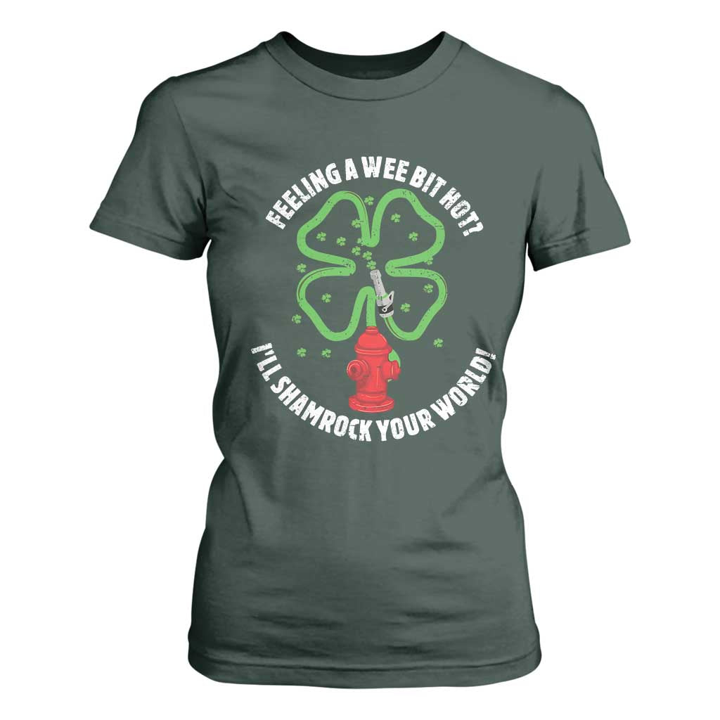 Funny Irish Firefighter T Shirt For Women Feeling A Wee Bit Hot I'll Shamrock Your World TS09 Dark Forest Green Print Your Wear