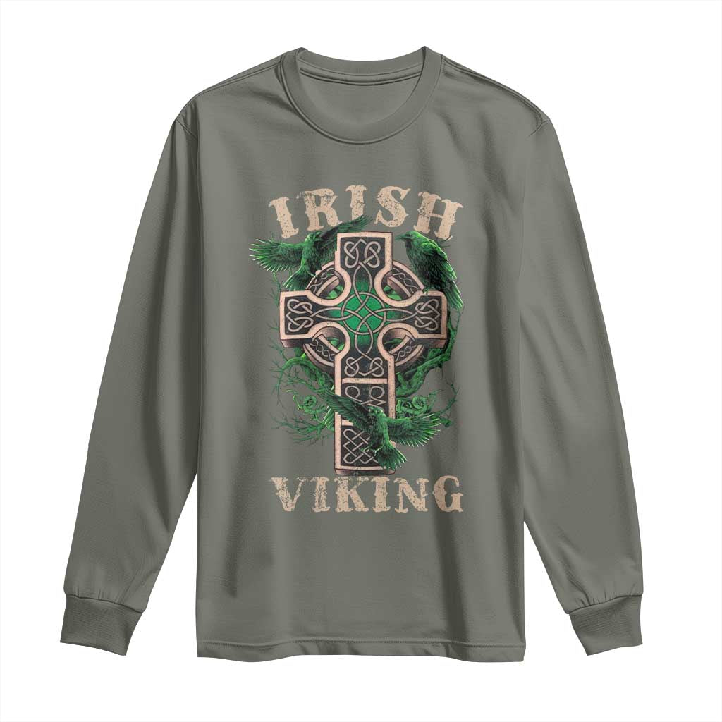 Irish Viking Long Sleeve Shirt Celtic Cross Odin's Raven TS09 Military Green Print Your Wear