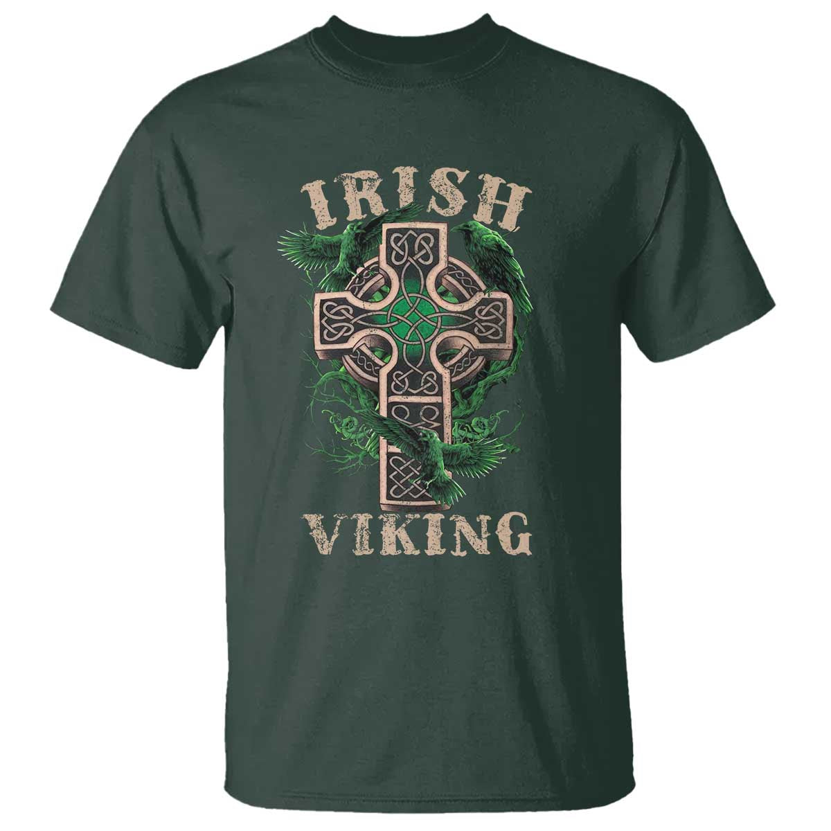 Irish Viking T Shirt Celtic Cross Odin's Raven TS09 Dark Forest Green Print Your Wear