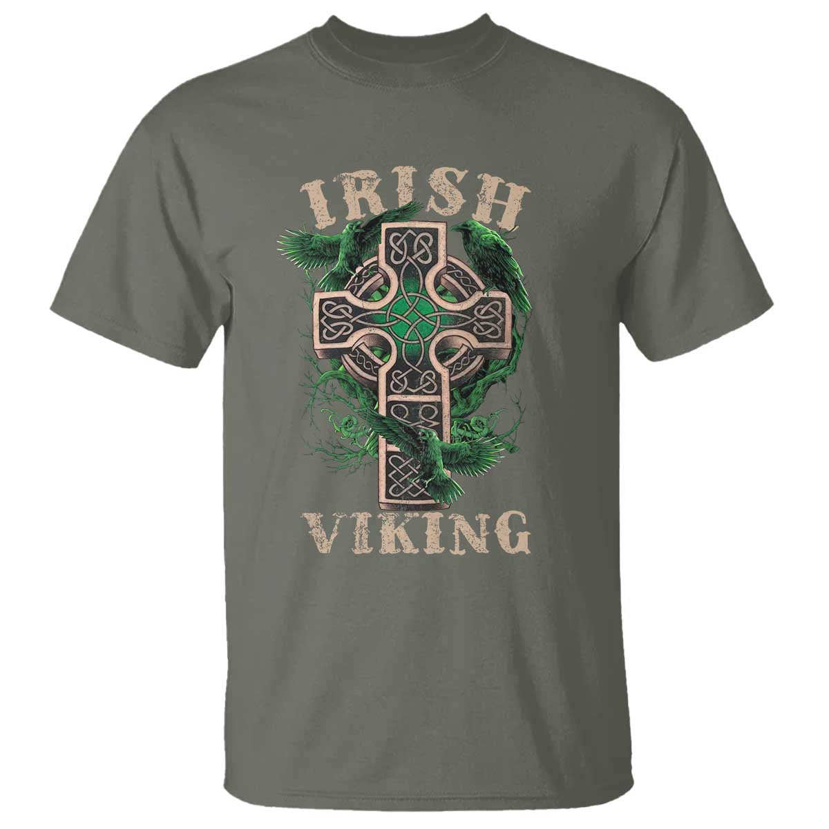 Irish Viking T Shirt Celtic Cross Odin's Raven TS09 Military Green Print Your Wear