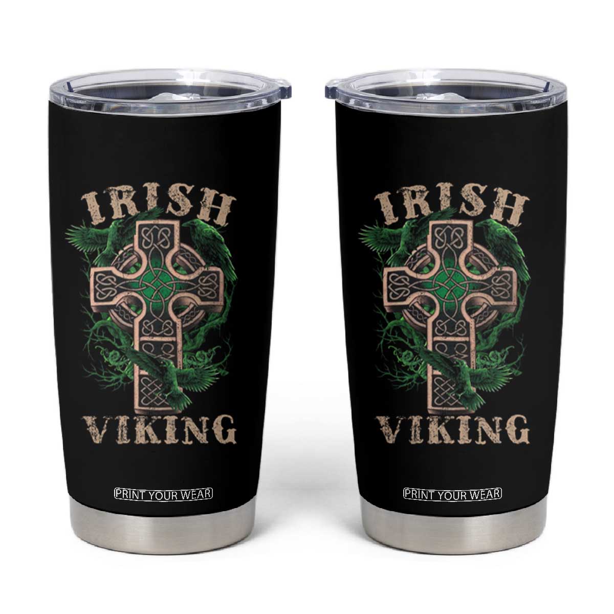 Irish Viking Tumbler Cup Celtic Cross Odin's Raven TS09 Black Print Your Wear