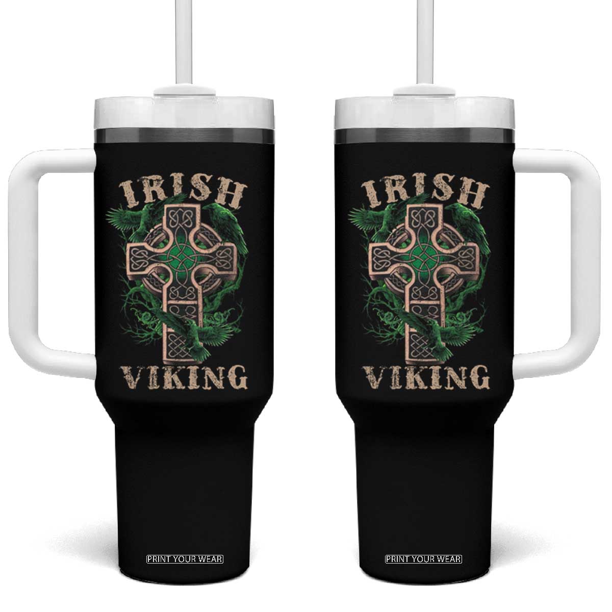 Irish Viking Tumbler With Handle Celtic Cross Odin's Raven TS09 One Size: 40 oz Black Print Your Wear
