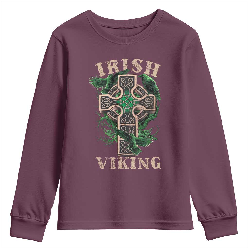 Irish Viking Youth Sweatshirt Celtic Cross Odin's Raven TS09 Maroon Print Your Wear