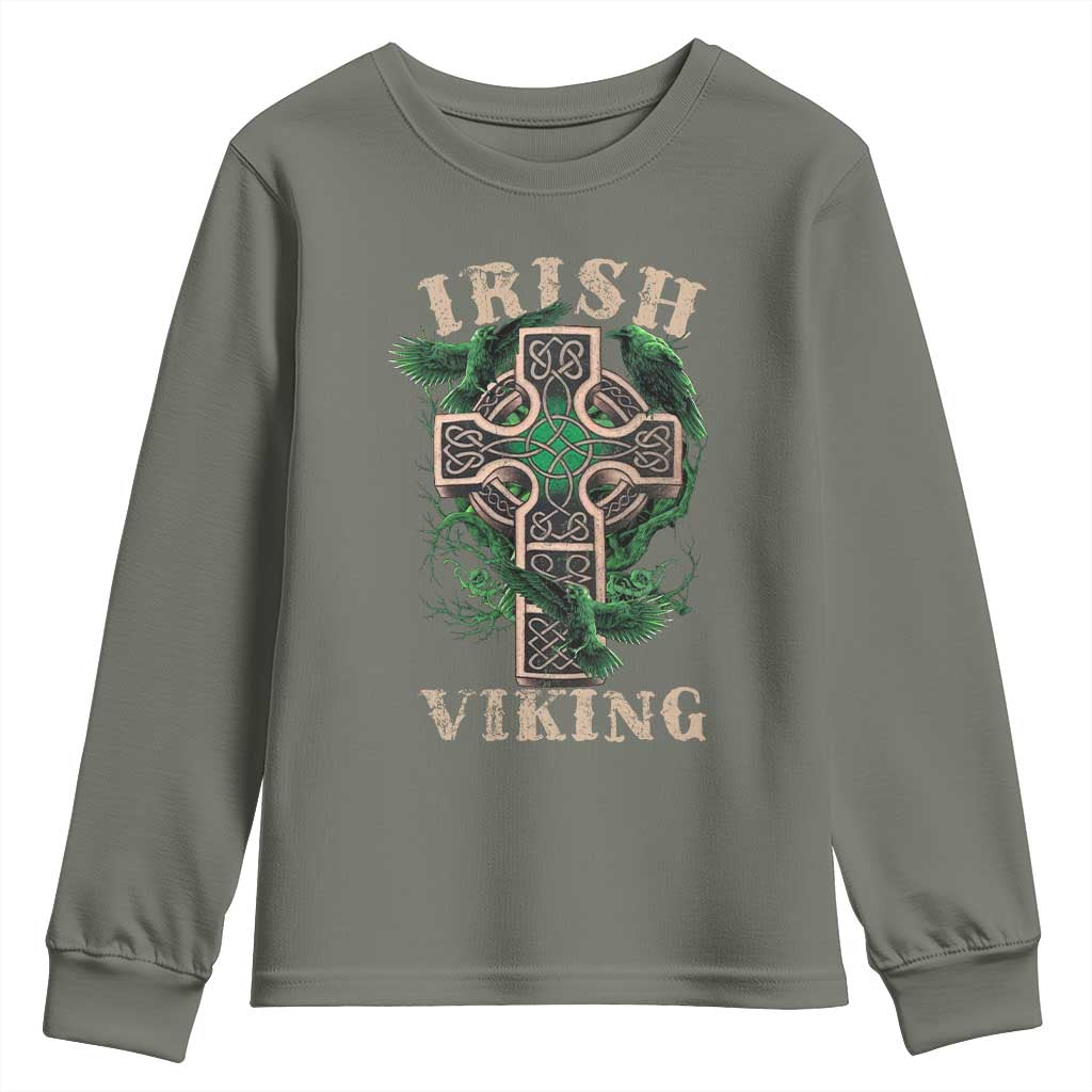 Irish Viking Youth Sweatshirt Celtic Cross Odin's Raven TS09 Military Green Print Your Wear