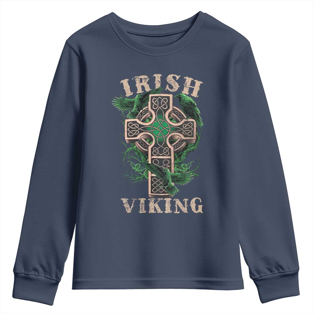 Irish Viking Youth Sweatshirt Celtic Cross Odin's Raven TS09 Navy Print Your Wear