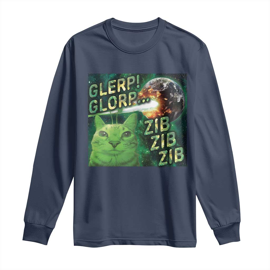 Funny Alien Cat Meme Long Sleeve Shirt Glerp Glorp Zib Zib TS09 Navy Print Your Wear