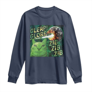 Funny Alien Cat Meme Long Sleeve Shirt Glerp Glorp Zib Zib TS09 Navy Print Your Wear