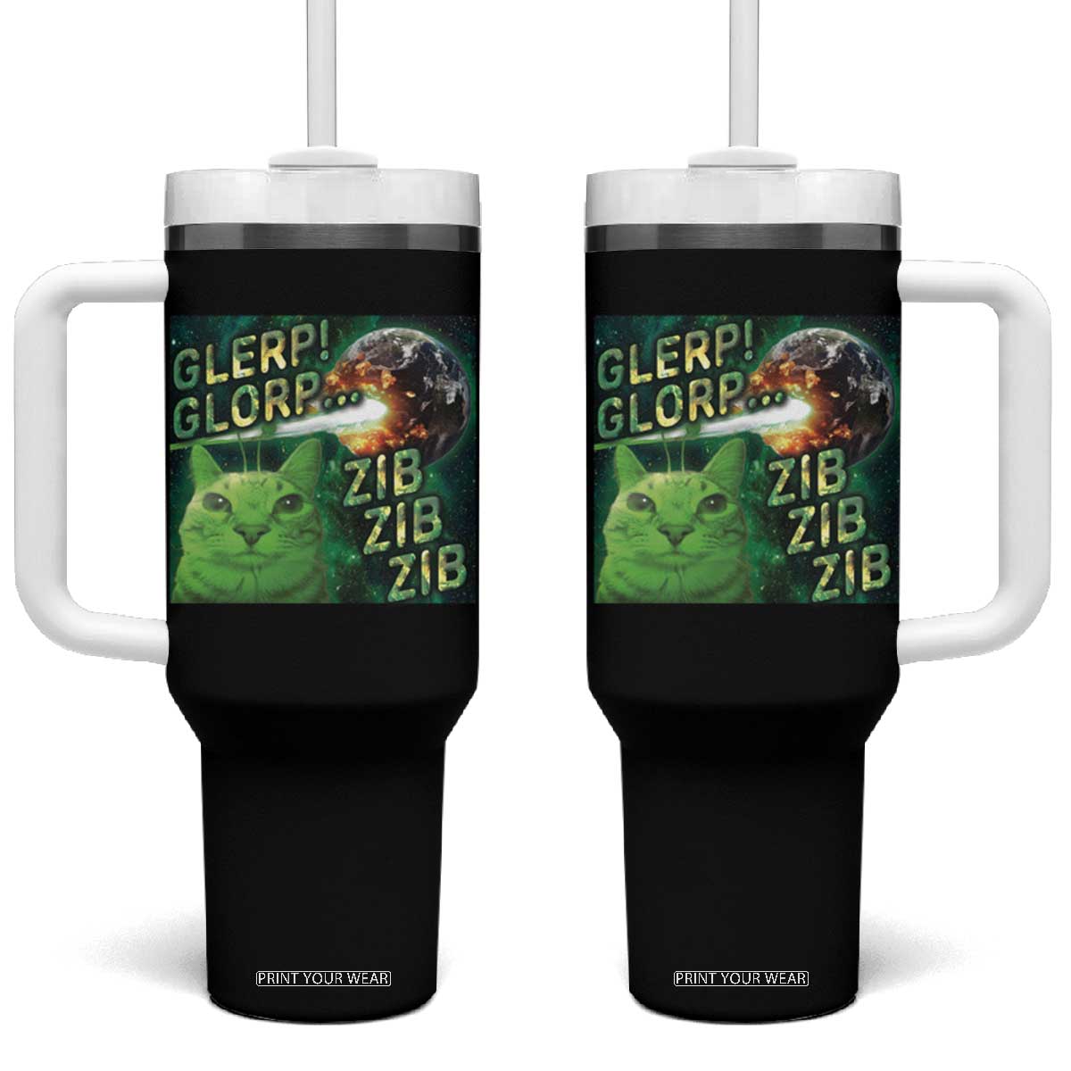 Funny Alien Cat Meme Tumbler With Handle Glerp Glorp Zib Zib TS09 One Size: 40 oz Black Print Your Wear