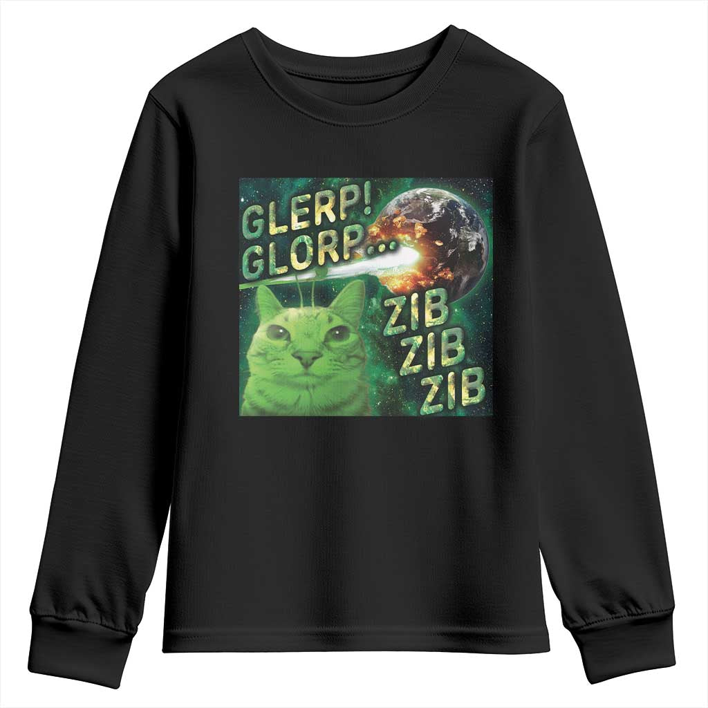 Funny Alien Cat Meme Youth Sweatshirt Glerp Glorp Zib Zib TS09 Black Print Your Wear