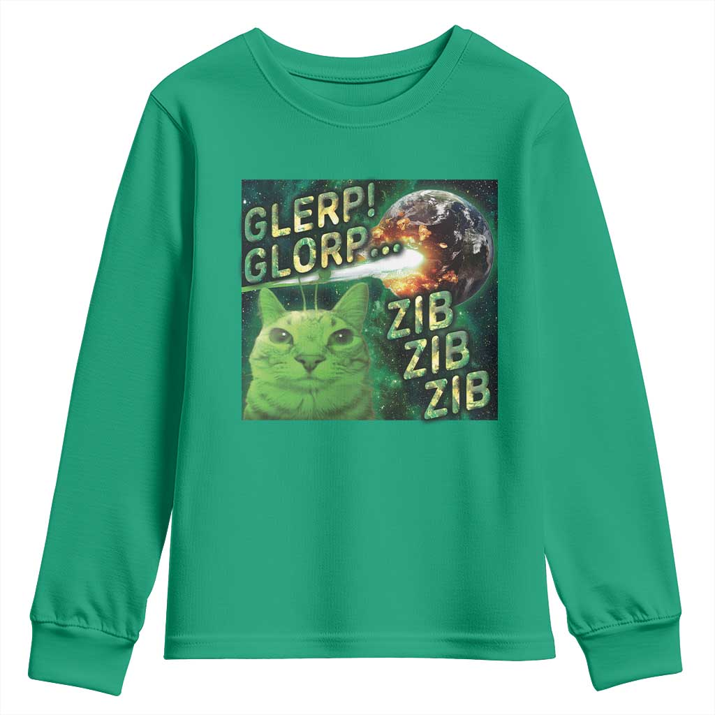 Funny Alien Cat Meme Youth Sweatshirt Glerp Glorp Zib Zib TS09 Irish Green Print Your Wear