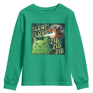Funny Alien Cat Meme Youth Sweatshirt Glerp Glorp Zib Zib TS09 Irish Green Print Your Wear