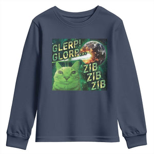 Funny Alien Cat Meme Youth Sweatshirt Glerp Glorp Zib Zib TS09 Navy Print Your Wear