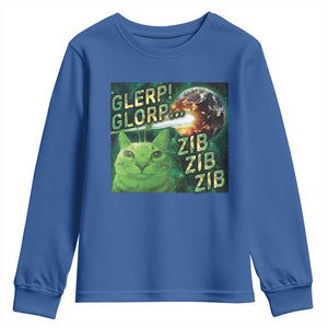 Funny Alien Cat Meme Youth Sweatshirt Glerp Glorp Zib Zib TS09 Royal Blue Print Your Wear