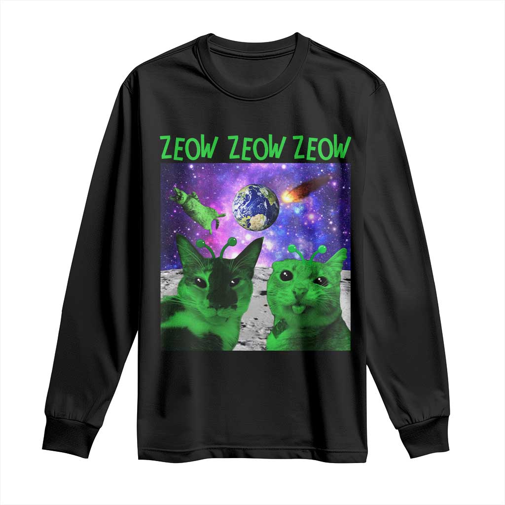Funny Alien Cat Meme Long Sleeve Shirt Green Cats ZEOW ZEOW TS09 Black Print Your Wear