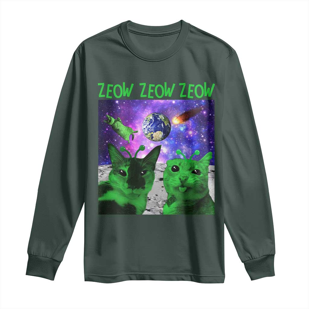 Funny Alien Cat Meme Long Sleeve Shirt Green Cats ZEOW ZEOW TS09 Dark Forest Green Print Your Wear